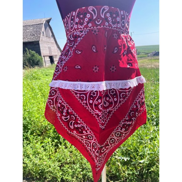 Vintage Red Bandanna Half Apron Western Farmhouse - Picture 8 of 12